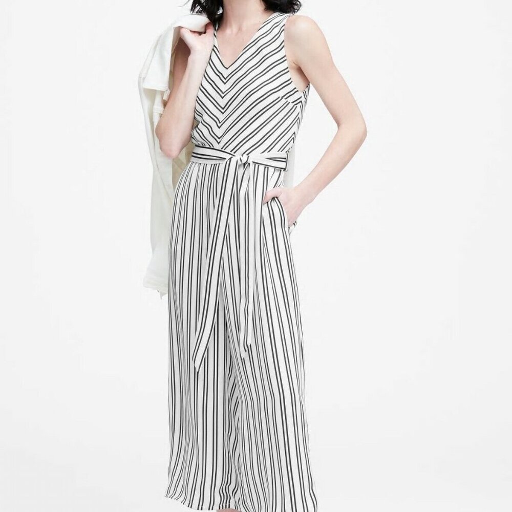 BANANA REPUBLIC Wide-Leg Cropped Jumpsuit, White & Black Stripe